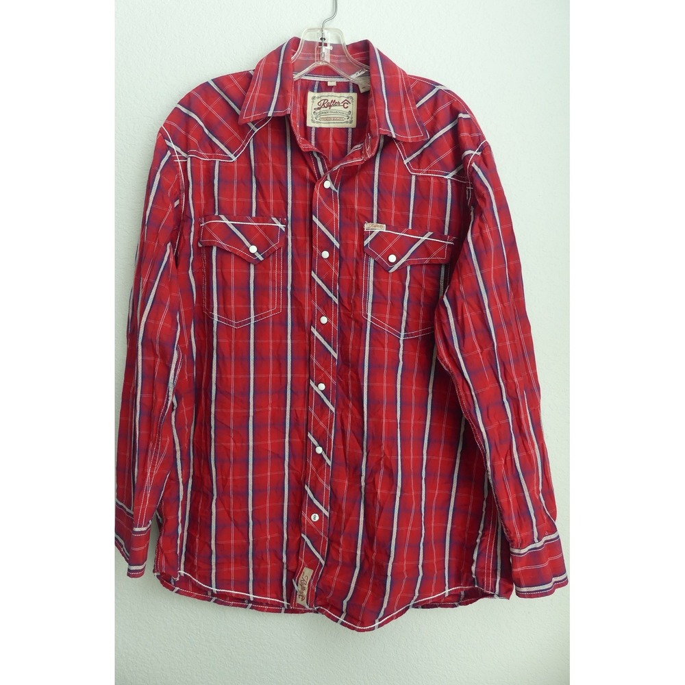 Rafter C Cowboy Collection Mens Red Plaid Western Pearl Snap Shirt Large Texture